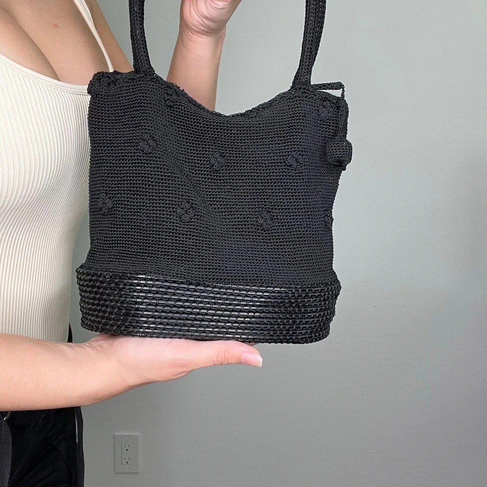 Black Woven Knit Shoulder Bag with Textured Plastic Base‎ Y2K Style Handbag